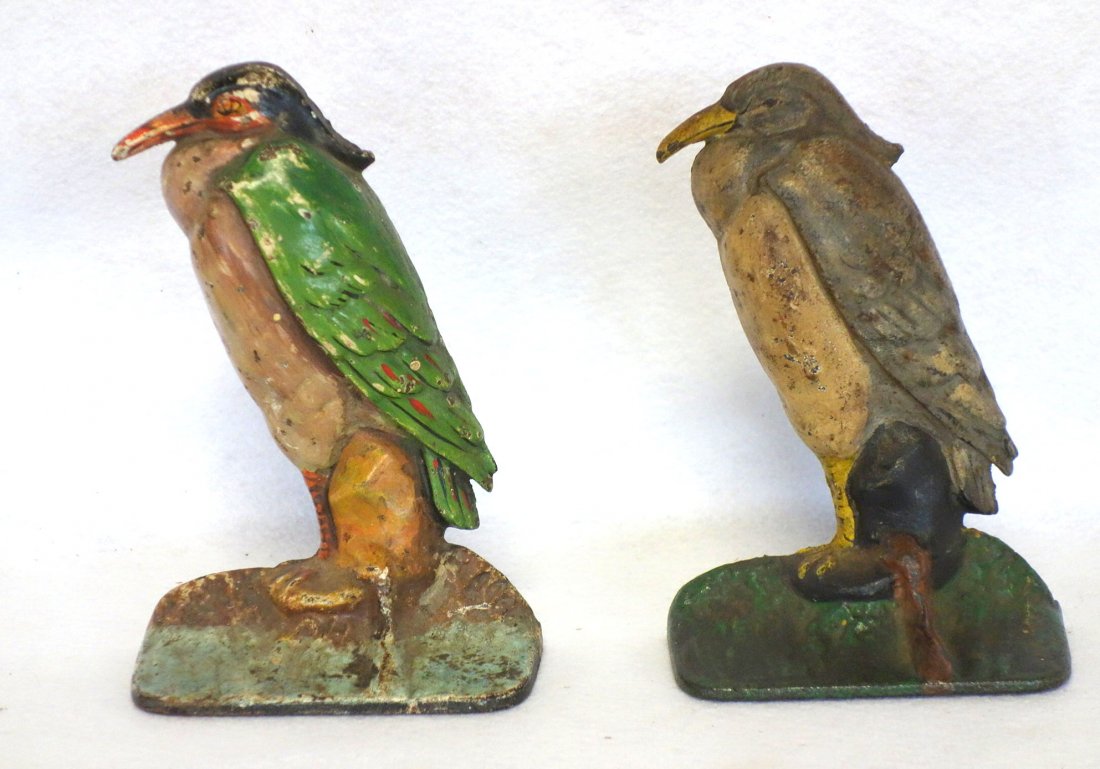 Two cast iron blue heron door stops in original paint - (1 of 2)
