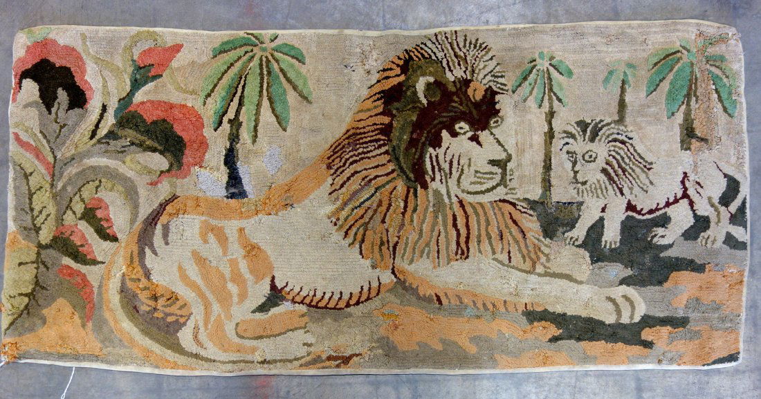 Early folk art hooked rug depicting 2 lions and palm (1 of 3)