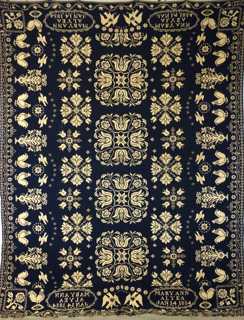 Jacquard blue and white coverlet signed David D. Haring: Jacquard blue and white coverlet signed David D. Haring / Tappan (David Haring, American 1800â€“1889) - also signed within oval medallion "Mary Ann Alyea Jan. 14, 1834" - probably Bergen County N
