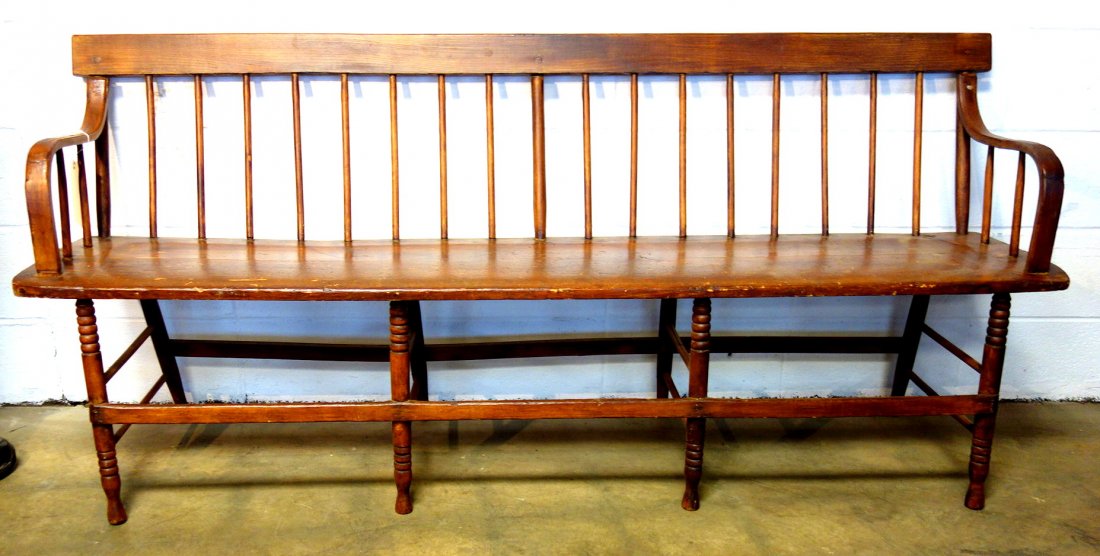 Country spindle back Windsor style pine bench, (1 of 4)
