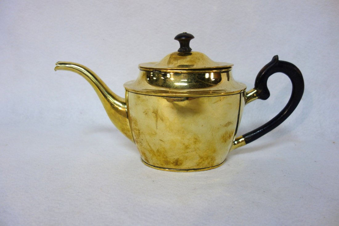 Early burnished brass tea pot with ebony wood handle & (1 of 6)