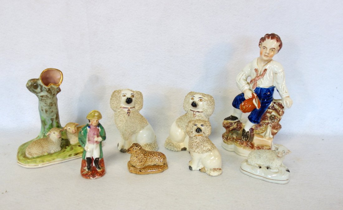Grouping of 8 Staffordshire figures including 3 dog, 2 (1 of 8)