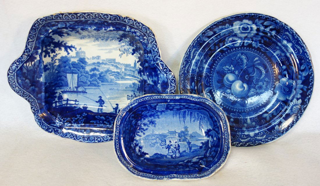 Grouping of 3 early flow blue objects including plate (1 of 10)