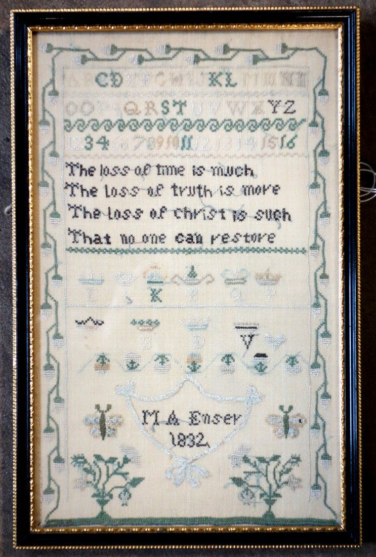 Sampler by M.A. Enser dated 1832 - 7.5" x 12". Very: Sampler by M.A. Enser dated 1832 - 7.5" x 12". Very good condition.