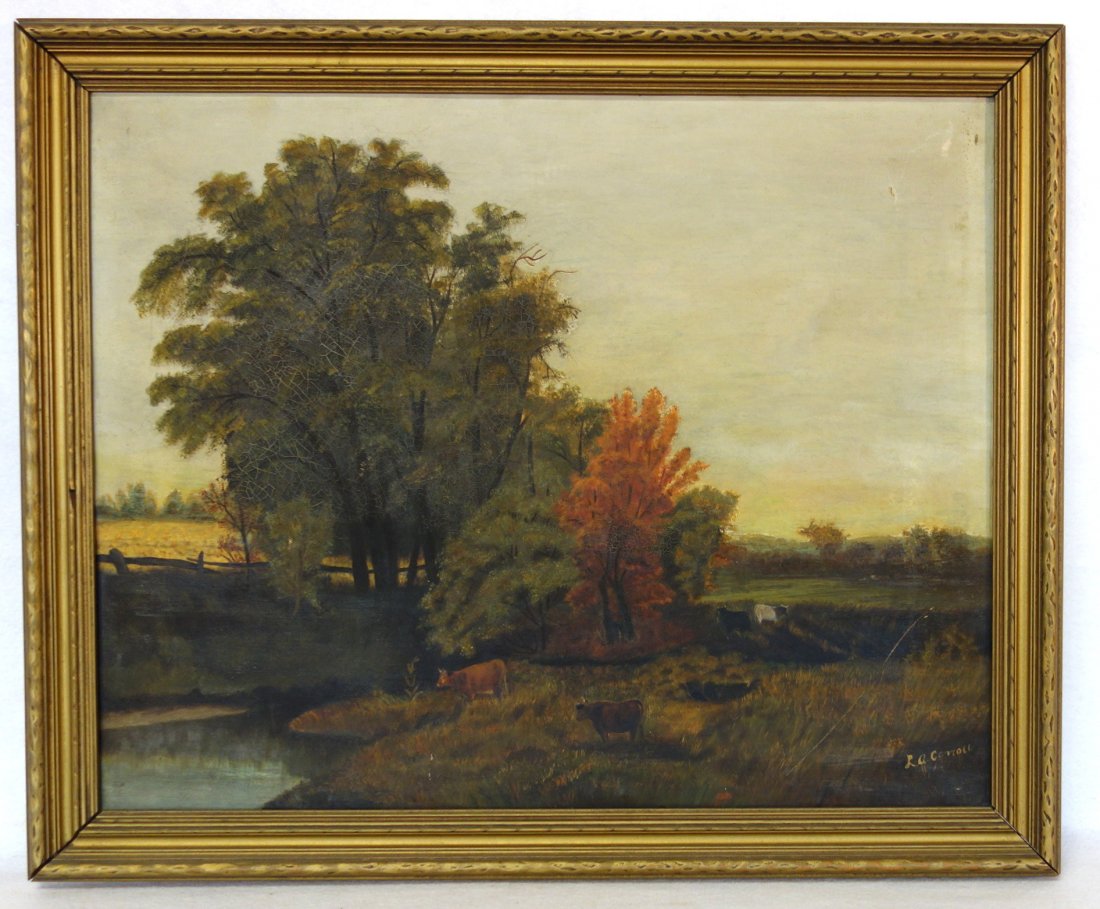 O/C Landscape with cows near pond signed L.A. Carroll. (1 of 5)