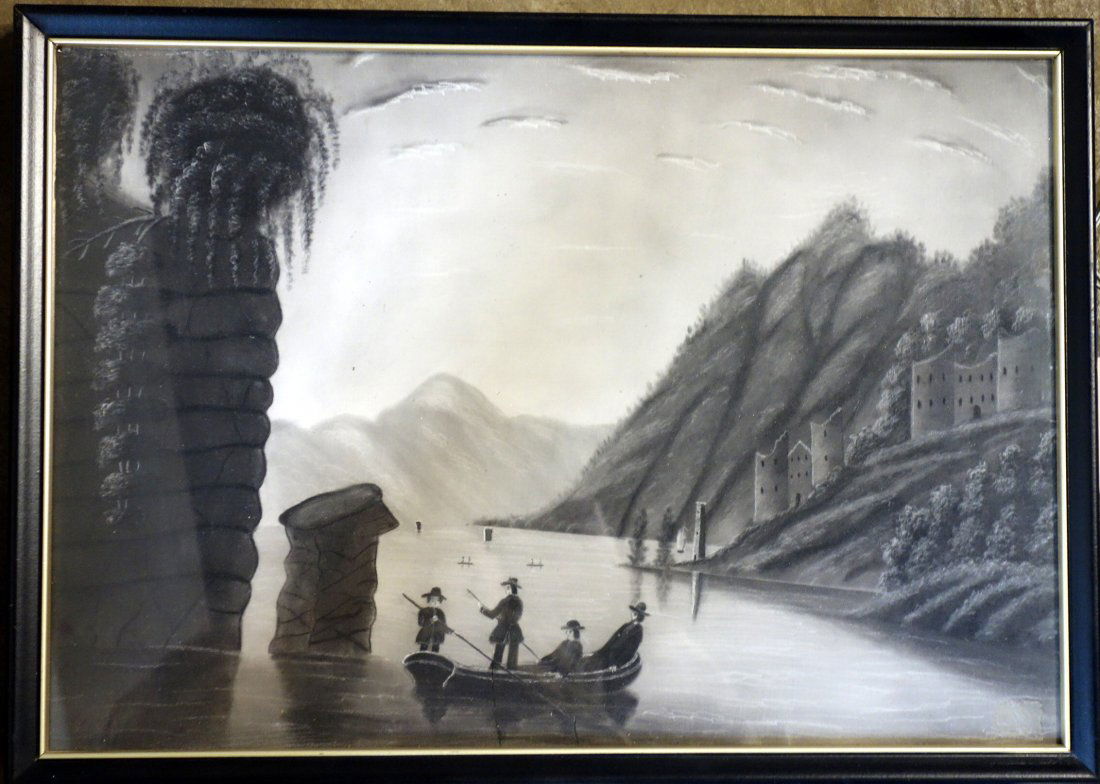 Sandpaper drawing  of men fishing in river with castles (1 of 3)