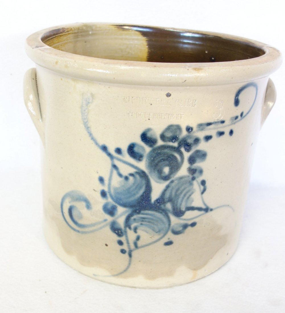 Stoneware 3 gallon crock with large blue flowers signed (1 of 4)