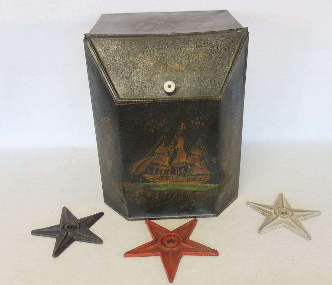 Grouping of country items including toleware coffee bin (1 of 5)