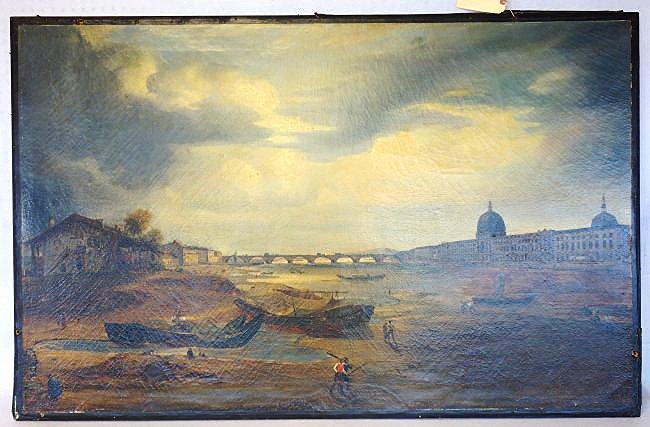 Large O/C European town/beach scene with sailing vessel (1 of 9)