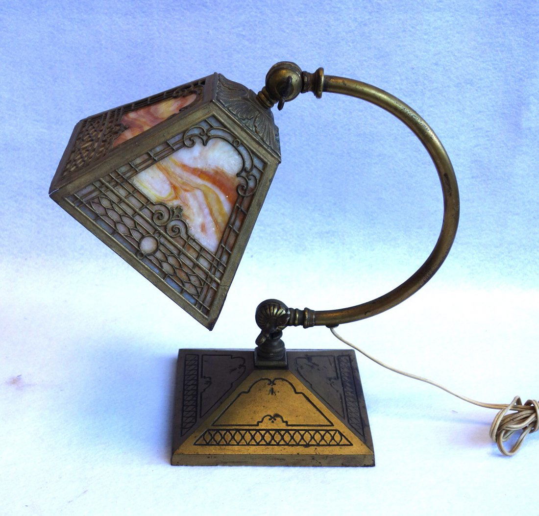 Arts and Crafts slag glass desk lamp gold plated cast (1 of 3)