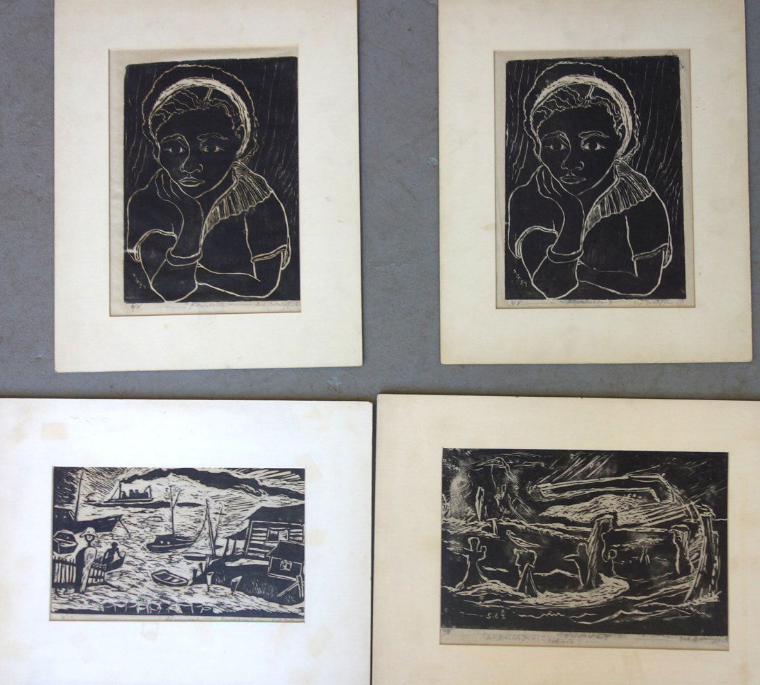 Sid Gotcliffe (American - WPA artist - 1899 1969).: Sid Gotcliffe (American - WPA artist - 1899 1969). Grouping of 4 woodblock prints in limited edition pencil signed by artist: 3/8 & 4/8 entitled "Florabelle"; 4/8 "Tumult / Ambassadors 1965, '66, 67"