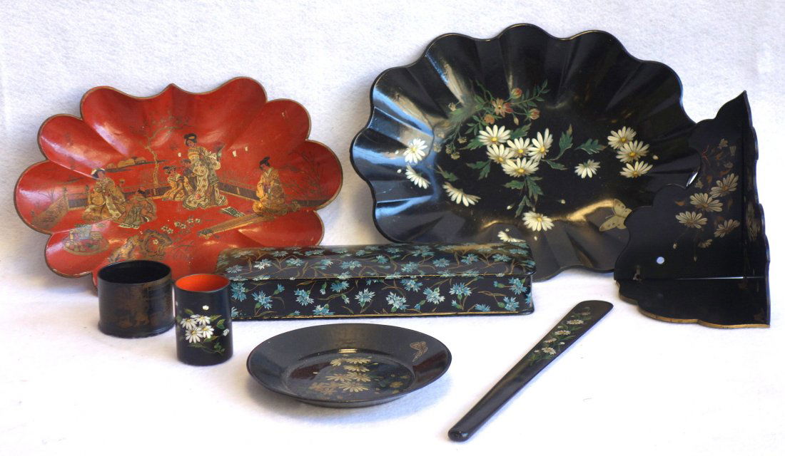 Grouping of hand painted Victorian paper mache articles (1 of 3)