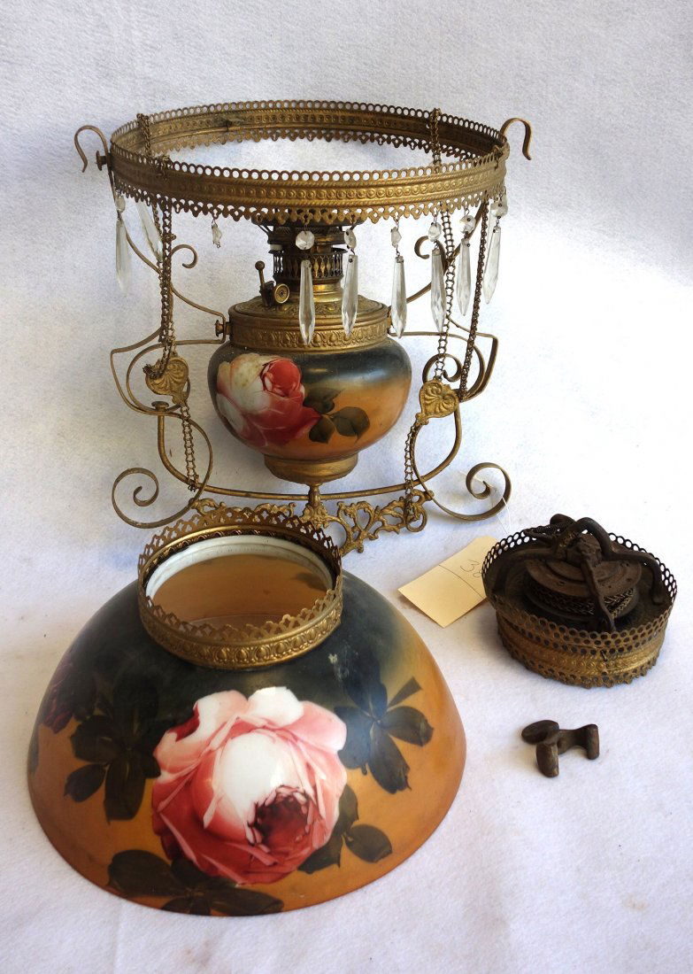 Victorian brass ceiling fixture with hand painted (1 of 2)