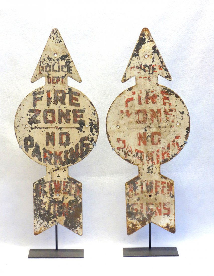 Two sheet iron signs "Police Dept. / Fire Zone / No (1 of 2)