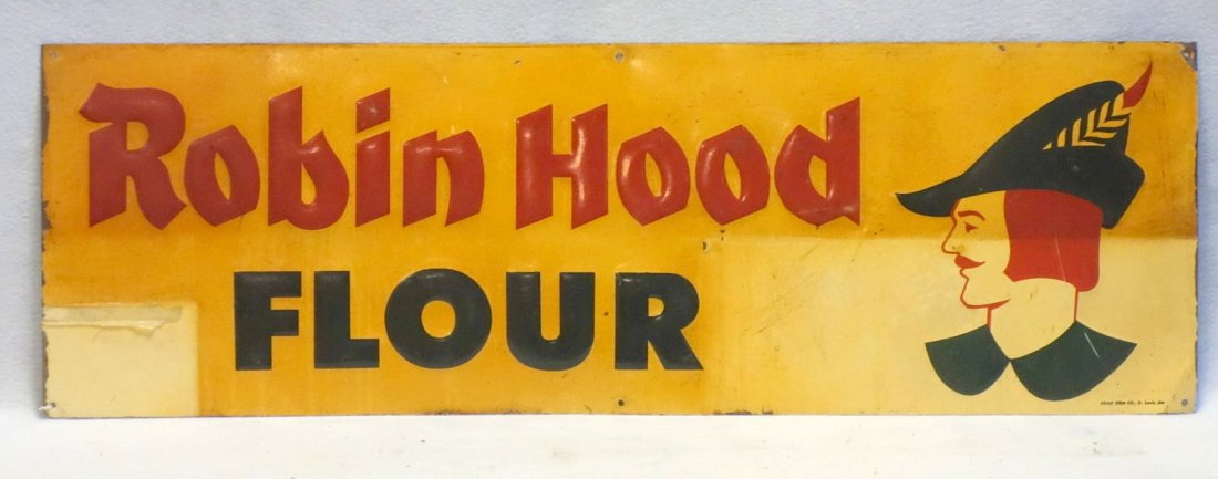 Old enameled tin sign "Robin hood FLOUR" signed Stout (1 of 3)