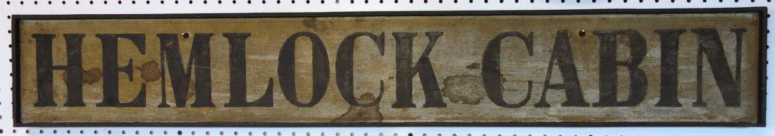 Old wooden sign in original paint "HEMLOCK CABIN". (1 of 5)