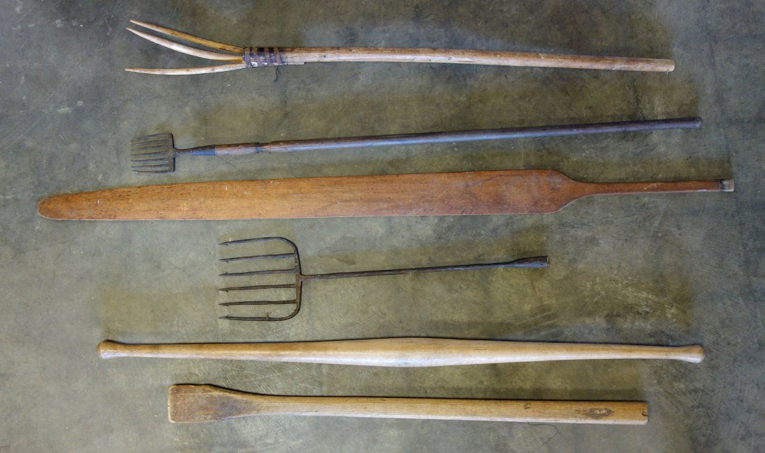 Grouping of 6 country tools including 2 eel spears, (1 of 4)