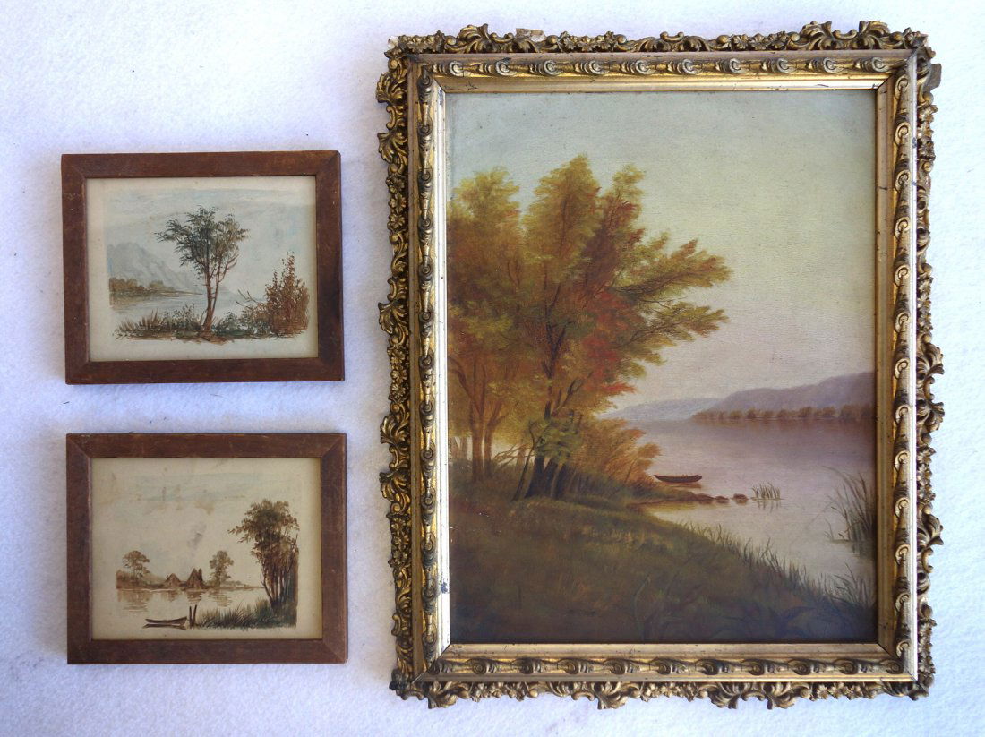 Three paintings: O/B landscape river scene in ornate (1 of 4)