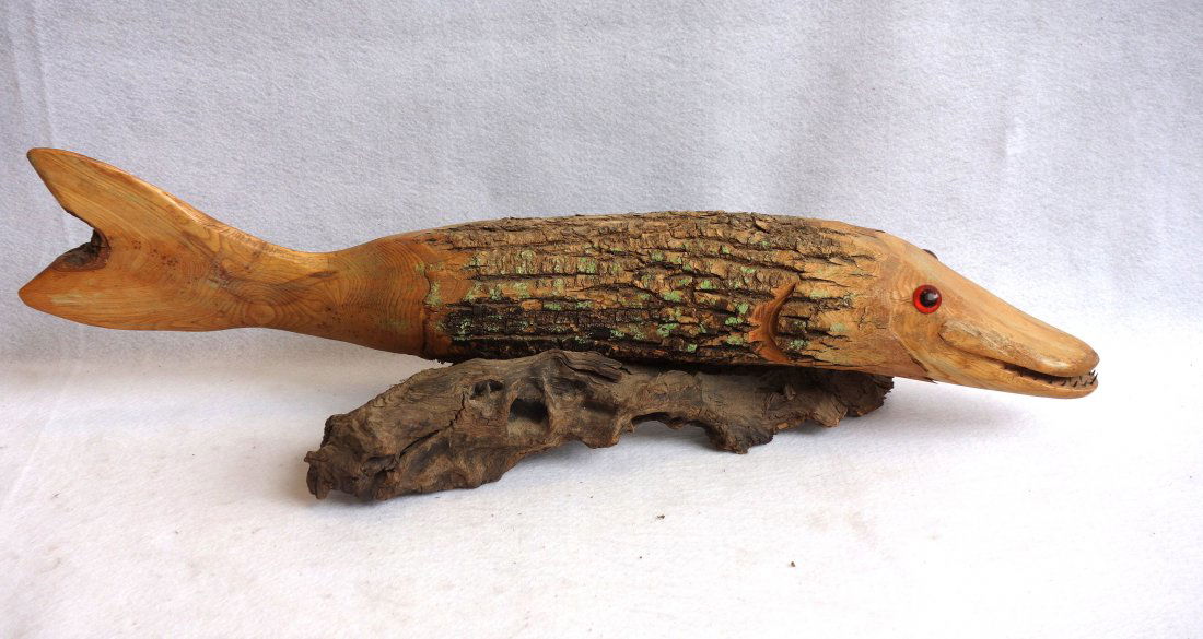 Three folk art pieces including a carved wooden fish - (1 of 6)