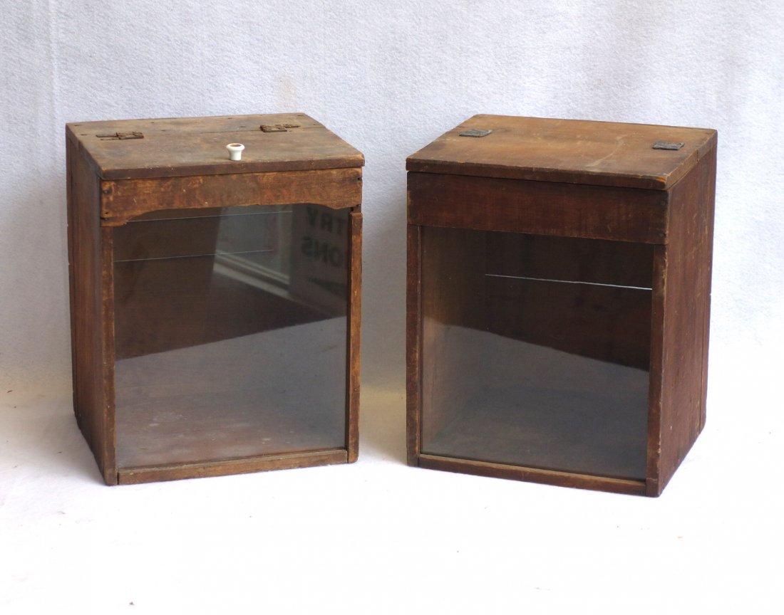 Two primitive display boxes, probably cracker boxes, (1 of 3)