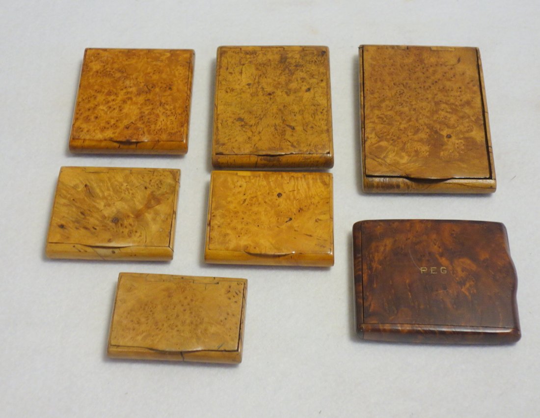 Grouping of 7 burl cigarette and match cases, some (1 of 4)