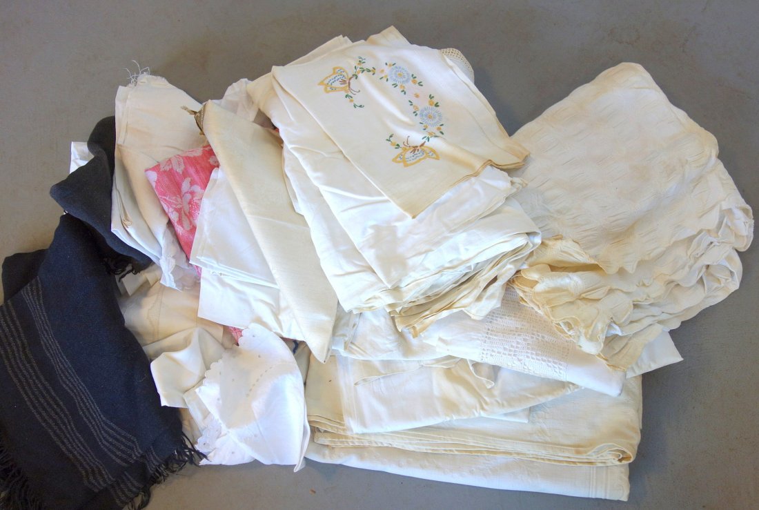 Two boxes of bedspreads and table covers, etc.: Two boxes of bedspreads and table covers, etc.