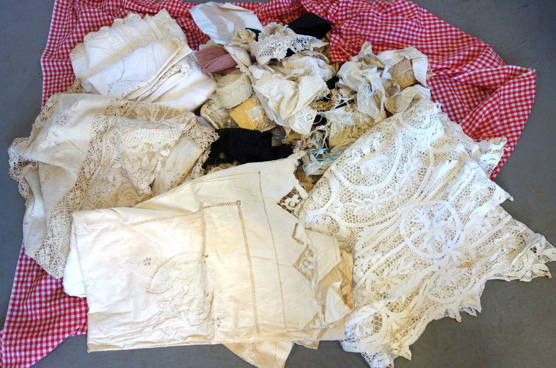Large grouping of mostly lace pieces, other textiles, (1 of 6)