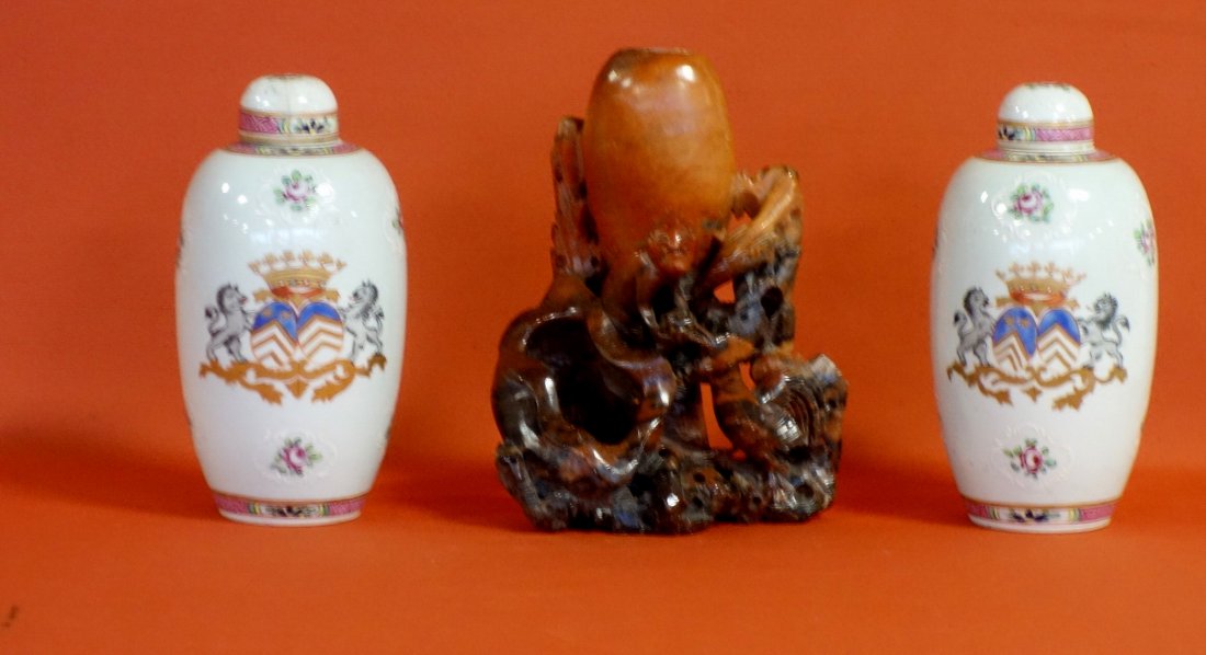 Three oriental objects including carved stone figural (1 of 6)