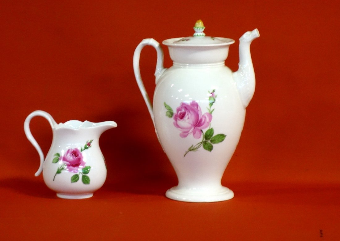 Meissen teapot, 9 1/2"H, and matching creamer decorated (1 of 3)