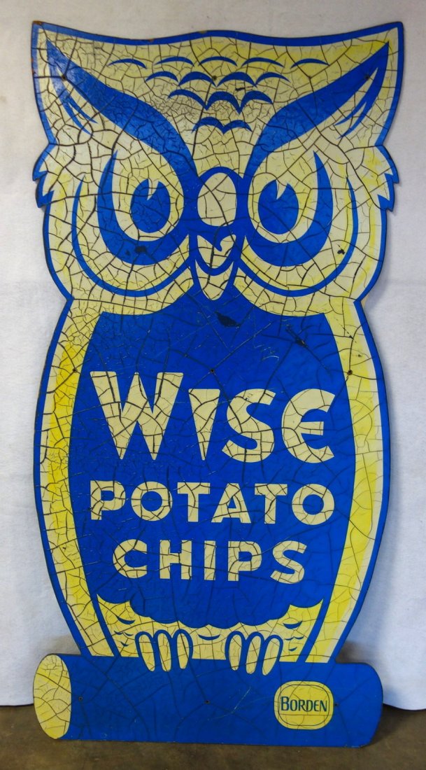 Large Wise Potato Chip roadside sign in the form of an: Large Wise Potato Chip roadside sign in the form of an owl on masonite - 68"H x 36"W. Some crazing, otherwise good structural condition. The sign reportedly was place along Route 9W in Highland NY, ci