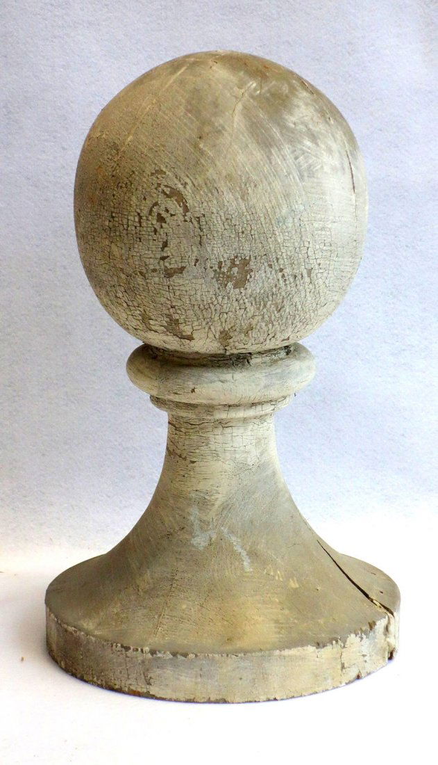 Large carved wooden round finial ornament in old white (1 of 2)