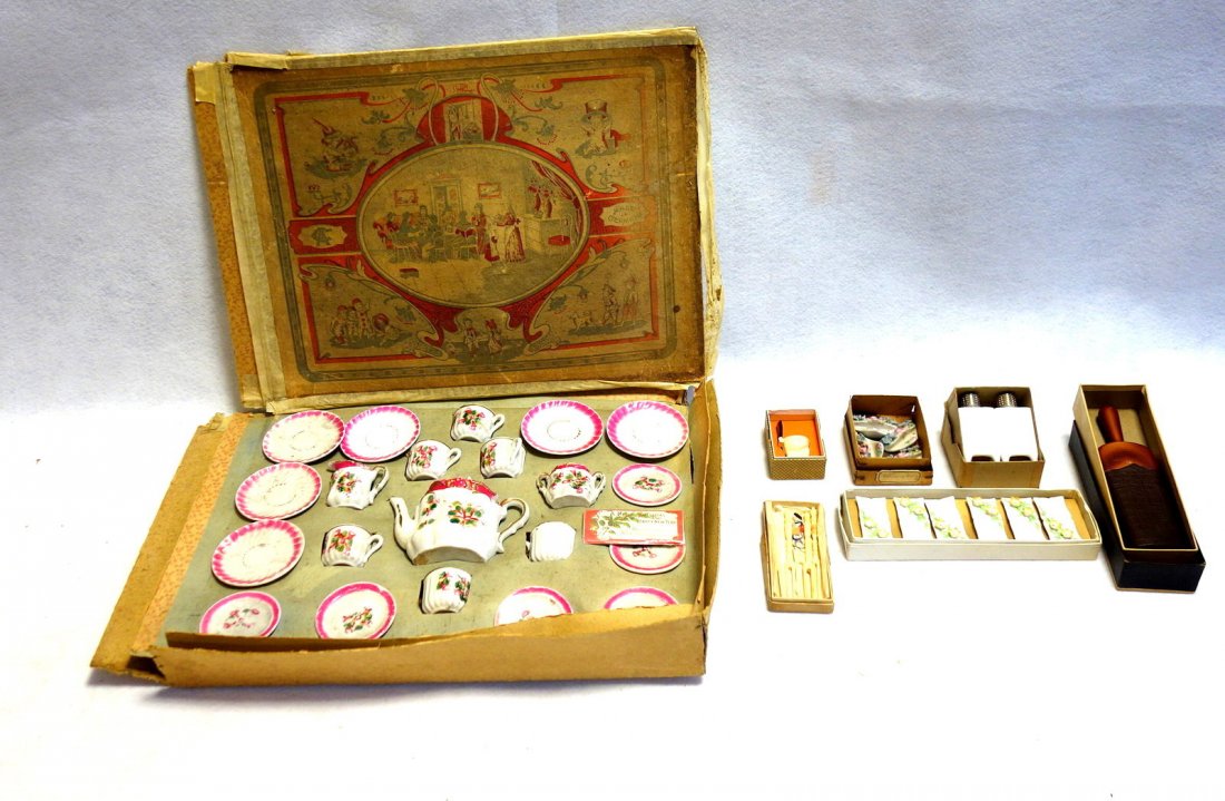 Grouping of collectibles including German porcelain: Grouping of collectibles including German porcelain doll tea set in original box and hand painted - service for 6, miniature toilet in box "The Static Eliminator" - dated 1926 - signed Tootsietoy, ori