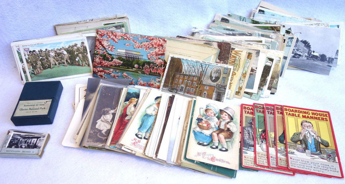 Grouping of old post cards including holiday, photo and: Grouping of old post cards including holiday, photo and locations. Includes complete boxed set of "Half A Hundred Hand colored Art Views of Glacier National Park", glossy photos of ladies early 20th c