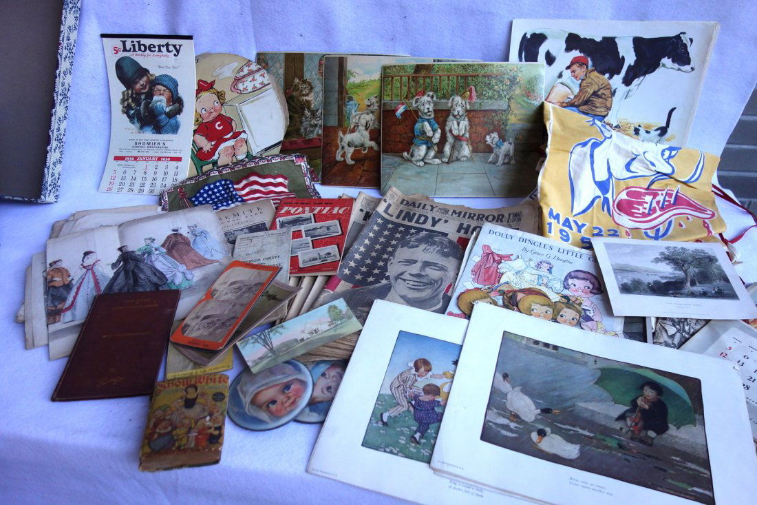 Grouping of miscellaneous paper and cloth goods: Grouping of miscellaneous paper and cloth goods including: Book illustrated by Thomas Nast entitled "The Fight at Dame's Europa's School" 1st edition 1871, ten Jessie Wilcox Smith unframed prints, 186