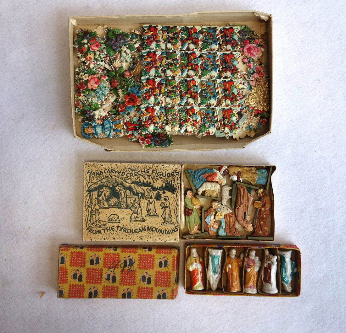 Grouping of Holiday collectibles including Victorian: Grouping of Holiday collectibles including Victorian die-cuts, Japanese religious statues in box, wooden creche set in original box.