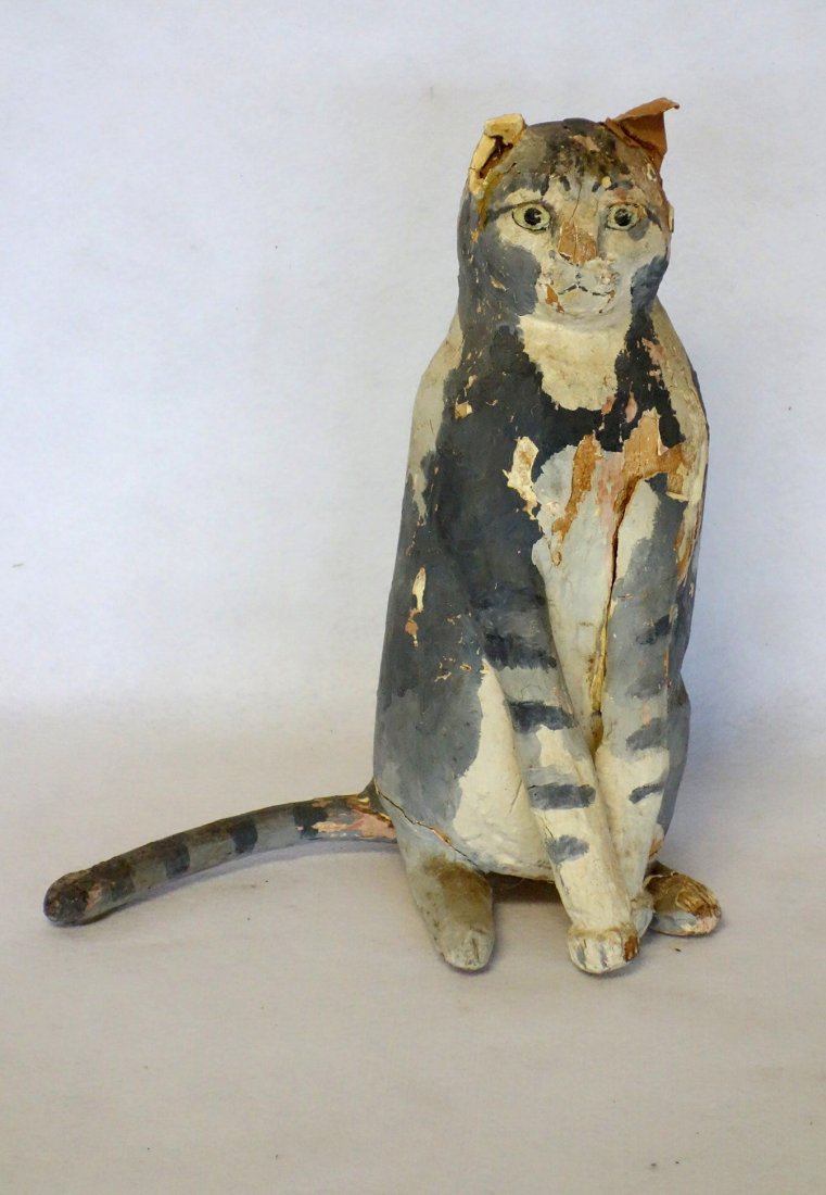 Folk art hand painted gray cat - gesso over wood -: Folk art hand painted gray cat - gesso over wood - gesso and paint losses in need of restoration. 12"H. Probably late 19th to early 20th century.