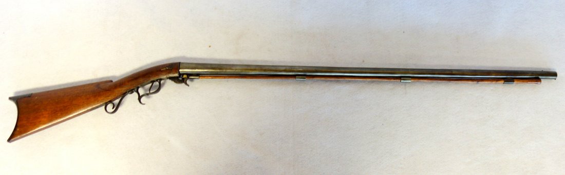 Under hammer percussion rifle signed D.H. Hilliard,: Under hammer percussion rifle signed D.H. Hilliard, Cornish NH, serial number 1572. Barrel length 37.75". Stock with cheek rest is repaired, barrel is refinished, hammer does not lock in place. Please