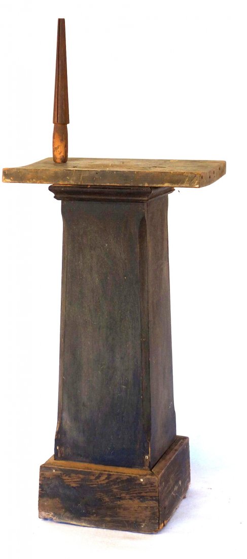 Primitive hand painted pedestal or work table - 19th: Primitive hand painted pedestal or work table - 19th century - dark gray/green paint - 46"H x 18"L x 11.75"W. Good condition.