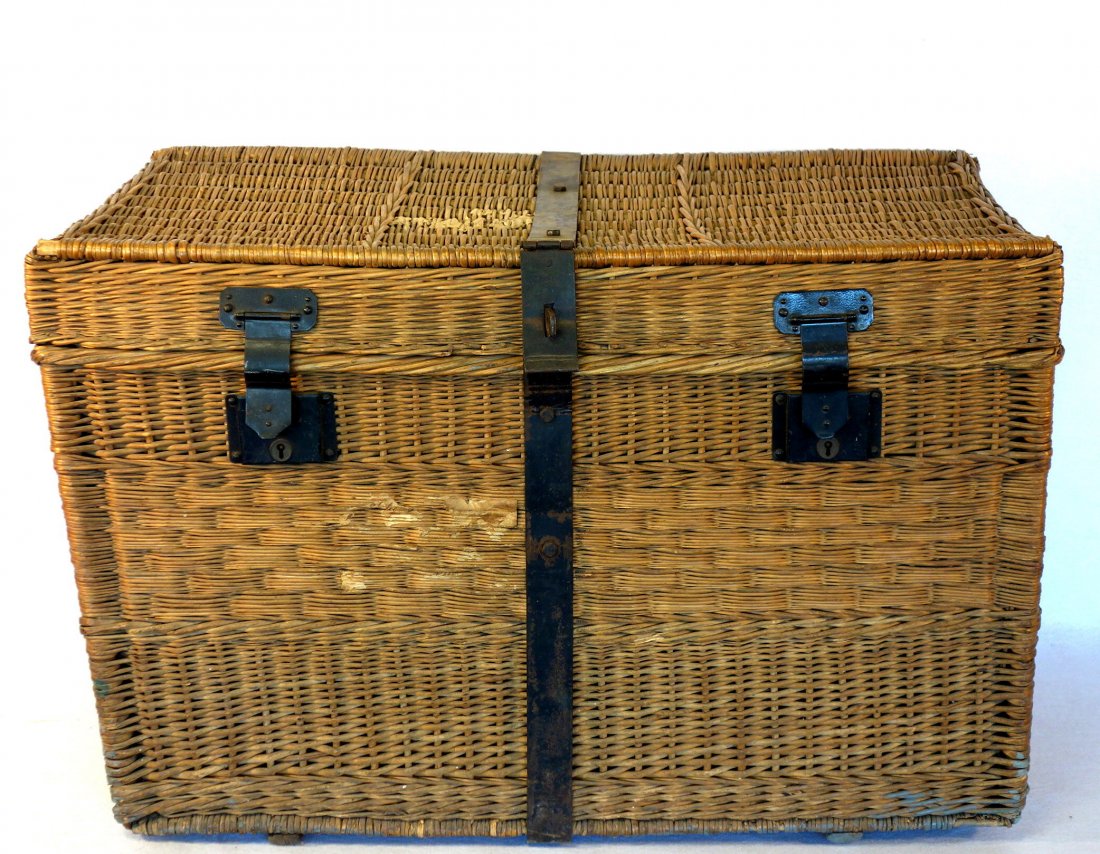 Large wicker storage basket in very good condition.: Large wicker storage basket in very good condition. Early 20th century. Original iron hardware and side lock. 37"L x 21"W x 24"H.