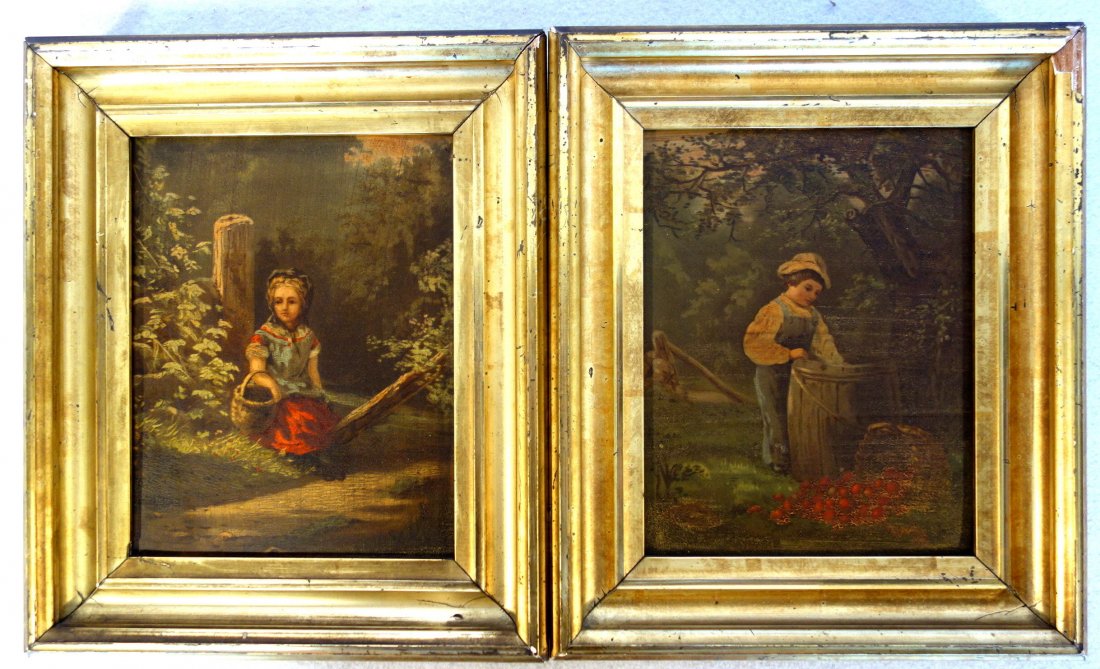 Pair of signed Prang lithographs, after Niles, in: Pair of signed Prang lithographs, after Niles, in original lemon gold frames (minor loss to gesso). Includes "Under the Apple Tree" & "Rest on the Roadside" both dated 1867 and in very good condition.