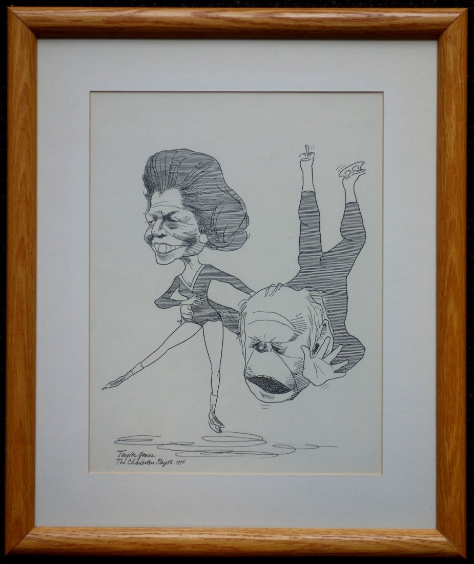 Original political cartoon art signed "Taylor Jones /: Original political cartoon art signed "Taylor Jones / The Charleston Gazette 1976", depicting President Gerald Ford ice skating with wife. 10" x 13". Professionally framed and matted and in excellent 