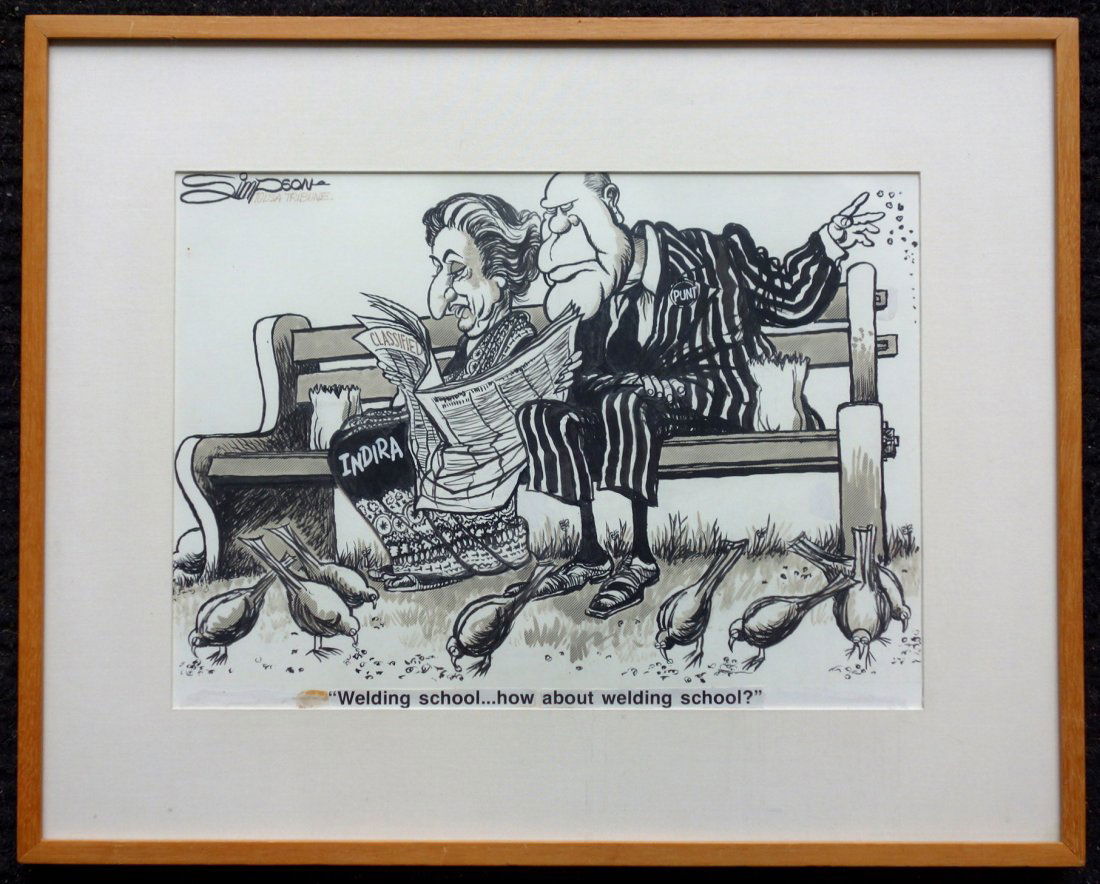 Original political cartoon art signed "Simpson / Tulsa: Original political cartoon art signed "Simpson / Tulsa tribune", (David Simpson, Tulsa), depicting President Gerald Ford sitting on bench feeding pigeons while Prime Minister Indira Gandhi reads the c