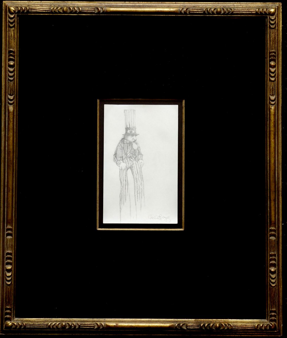 Original graphite cartoon art depicting an aged Uncle: Original graphite cartoon art depicting an aged Uncle Sam wearing a large patriotic top hat and having long legs, signed Charles Bragg (Calif, born in 1931). Certificate of authenticity and value by D