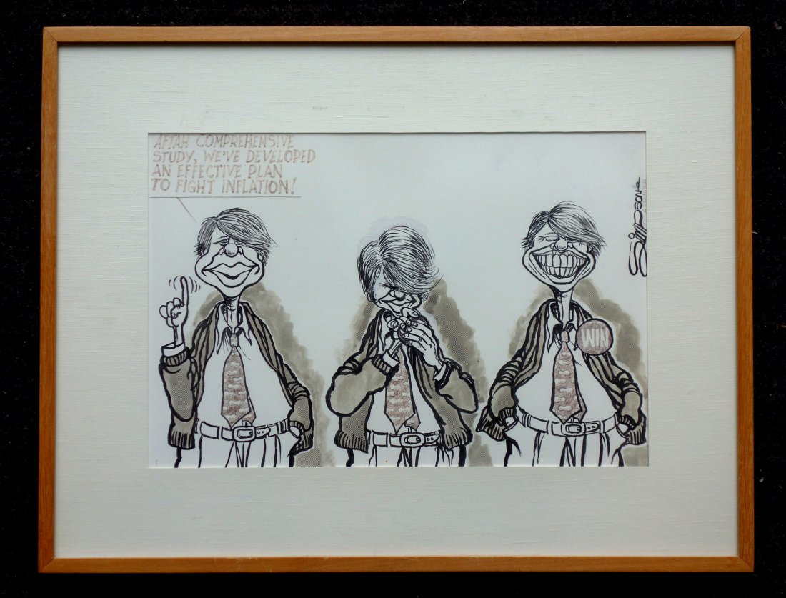 Original political cartoon art signed "Simpson / Tulsa: Original political cartoon art signed "Simpson / Tulsa Tribune" (David Simpson, Tulsa Oklahoma). Cartoon depicts 3 caricatures of President Jimmy Carter, the first saying "Aftah comprehensive study, w