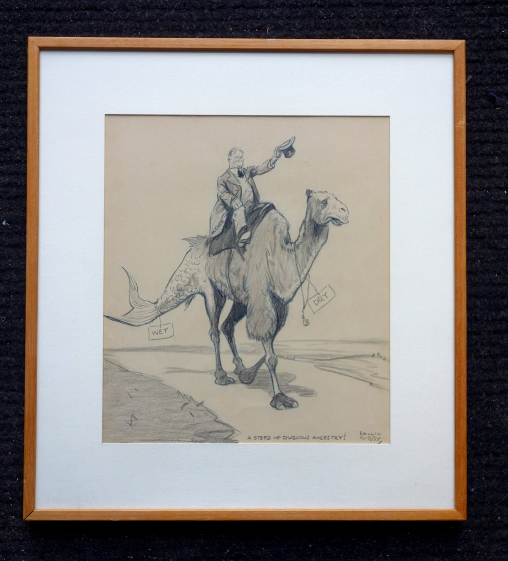 Original political cartoon art signed "Rollin Kirby": Original political cartoon art signed "Rollin Kirby" (NY, Illinois 1875-1952), entitled "A Steed of Dubious Ancestry !", depicting a satirical view of Herber Hoover. 12.5" x 14.5". Professionally fram