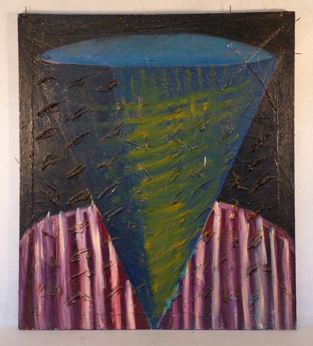 Max Coyer (Max R. Coyer, CT 1954-1988) O/C Abstract: Max Coyer (Max R. Coyer, CT 1954-1988) O/C Abstract painting entitled on reverse "Premier Cone" - also signed on reverse Max Coyer 1982 - 42" x 48". Excellent condition.