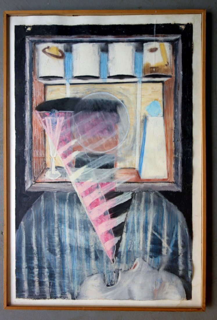 Max Coyer (Max R. Coyer, CT 1954-1988) Oilstick and: Max Coyer (Max R. Coyer, CT 1954-1988) Oilstick and Pastel on paper - Abstract painting - titled on label on reverse "Cone, Box & Head" . Also signed Max Coyer 1983. 46" x 30". Excellent condition.