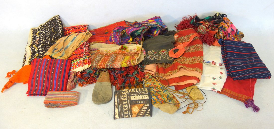 Large grouping of various textiles including mostly: Large grouping of various textiles including mostly hand sewn/crocheted linens/table covers, hand bags, scarves, etc. Mostly European. Very good condition.