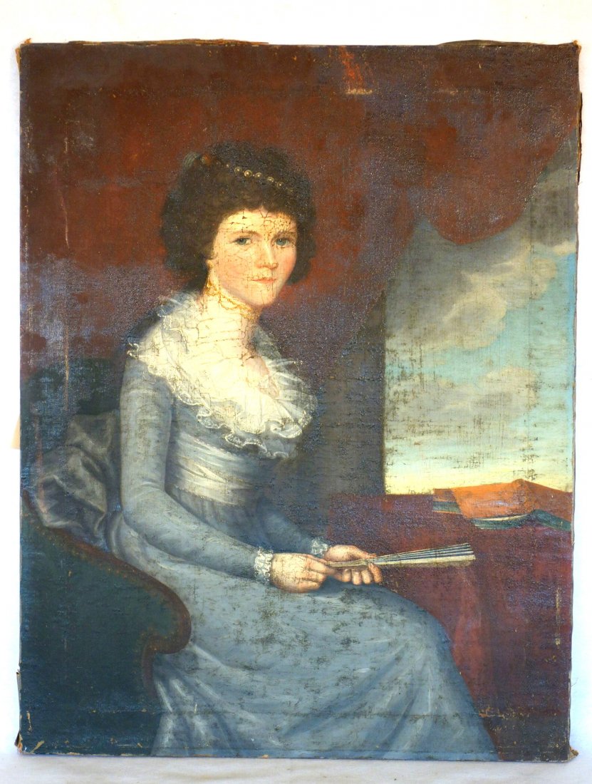 Large O/C Portrait of lady in blue dress holding fan,: Large O/C Portrait of lady in blue dress holding fan, seated by window - early 19th century - Some crazing - not signed, overall good condition. 28" x 36".