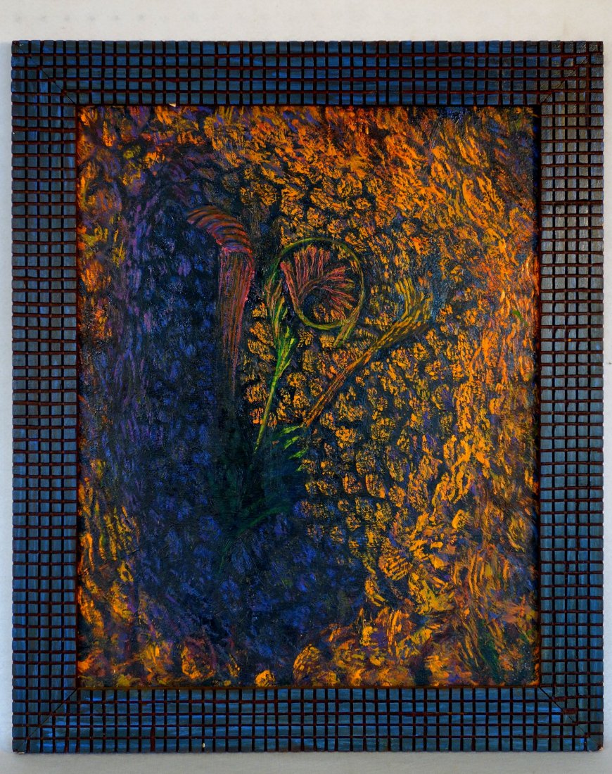 O/B Abstract expressionist painting in matching custom: O/B Abstract expressionist painting in matching custom made frame by Jarrett Huddleston (NY, born 1956) - titled on reverse "Memory / 1985". Very good condition. 18.5" x 23.5".